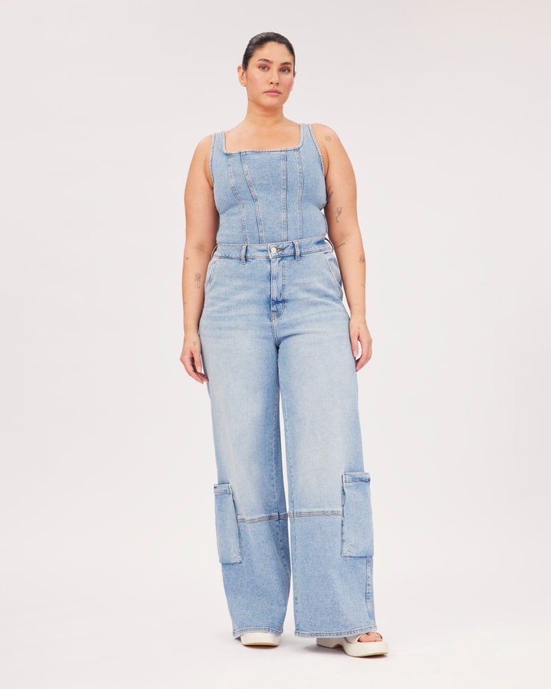 Front of a model wearing a size 14X33 NCE CARGO PLUS - WIDE LEG | WILLOW in WILLOW by Warp + Weft. | dia_product_style_image_id:293031